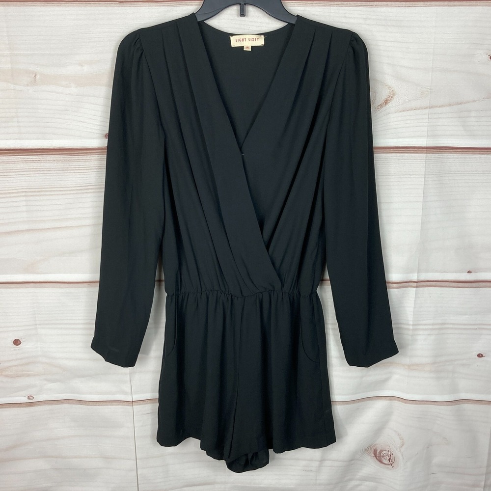 Eight Sixty Romper Womens M Black Faux Wrap Long Sleeve V-Neck Solid Pockets